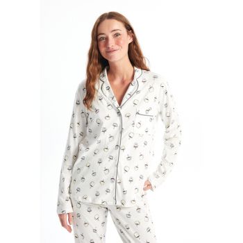 Pijama lunga din bumbac cu model cu cafea