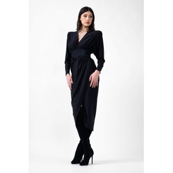 Rochie midi neagra cu corset si decolteu in V