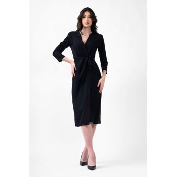 Rochie midi neagra cu pliuri si cordon in talie