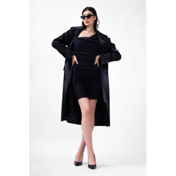 Metallic Black Straight Overcoat With Belt