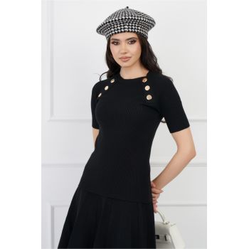 Bluza Adriana neagra cu nasturi decorativi si maneci scurte