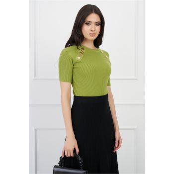 Bluza Adriana verde lime cu nasturi decorativi si maneci scurte