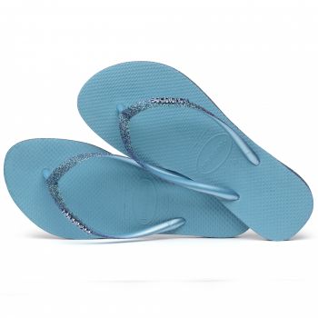 Papuci Havaianas slim din cauciuc natural cu glitter, albastru