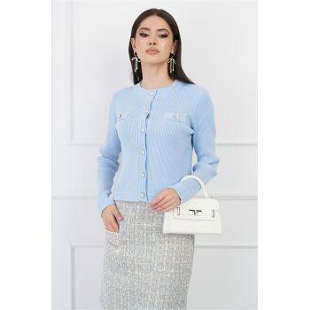 Bluza Samanta bleu din tricot cu nasturi