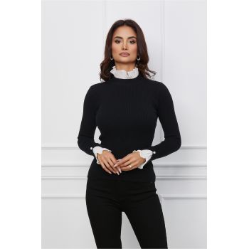 Bluza Teodora neagra din tricot cu guler si mansete tip volanas