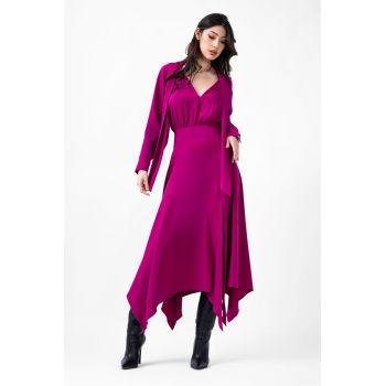 Rochie midi fuchsia cu esarfe la gat