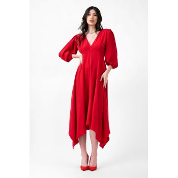 Rochie midi rosie cu clini si maneca midi