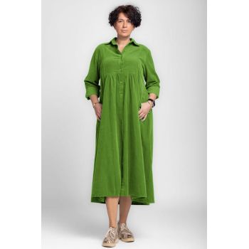 Rochie camasa verde oliv din catifea reiata, taiata in talie