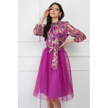 Rochie DY Fashion fucsia cu fusta din organza si imprimeu la bust