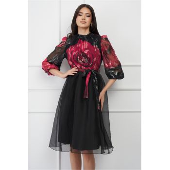 Rochie DY Fashion neagra cu fusta din organza si imprimeu la bust