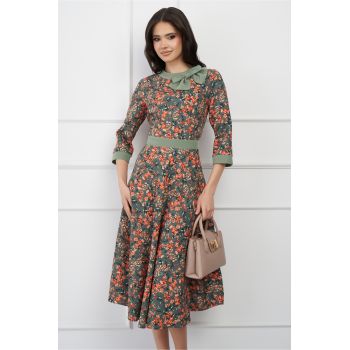 Rochie DY Fashion verde cu imprimeu floral orange si funda la decolteu