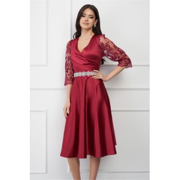 Rochie Ella Collection Adria bordo cu dantela si paiete si cordon in talie