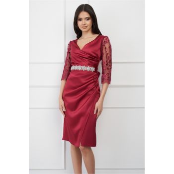 Rochie Ella Collection Atena bordo cu maneci din dantela si cordon in talie