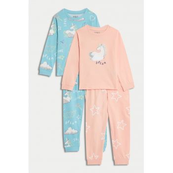 Set de pijama de bumbac cu imprimeu cu unicorni