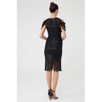 Rochie eleganta mini rochie fara maneci cu paiete, negra, Ella