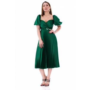 Rochie eleganta plisata midi din satin verde cu maneca scurta Adelina