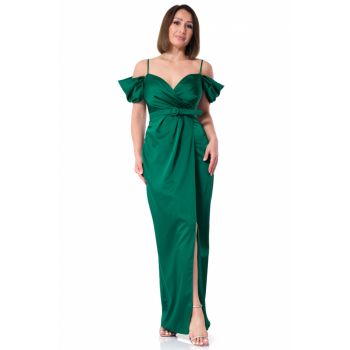 Rochie maxi Serena fara maneci din satin verde crapata pe picior