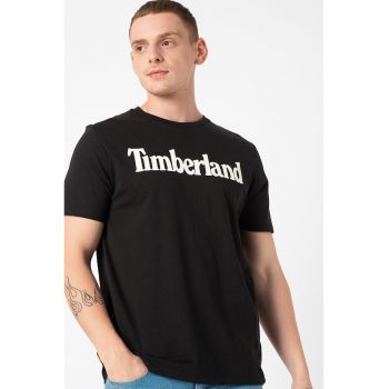 Tricou cu imprimeu logo si decolteu la baza gatului Linear