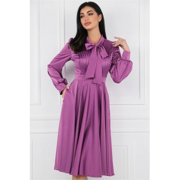 Rochie MBG mov din satin cu pliuri pe bust si buzunare functionale