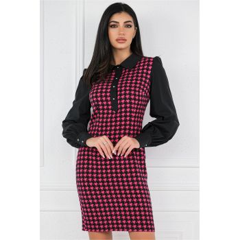 Rochie MBG neagra cu imprimeu pepit fucsia si nasturi la bust