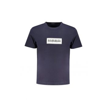 Tricou barbati cu decolteu la baza gatului cu imprimeu cu logo - Bleumarin inchis