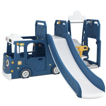 Ansamblu de joaca Kinderplay pentru copii, 4 in 1 cu tobogan, leagan si casuta tip autobuz si cos de baschet, albastru