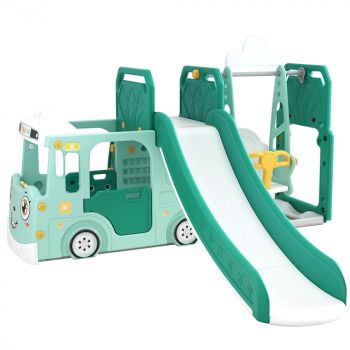 Ansamblu de joaca Kinderplay pentru copii, 4 in 1 cu tobogan, leagan si casuta tip autobuz si cos de baschet, verde