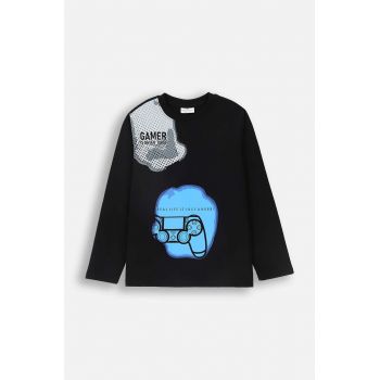 Coccodrillo longsleeve din bumbac pentru copii culoarea negru, cu imprimeu, DIGITAL BOY JUNIOR