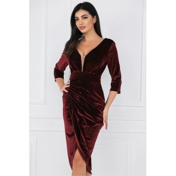 Rochie burgundy din catifea cu insertii din fir lurex