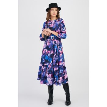 Rochie DY Fashion albastra cu imprimeu floral mov si curea in talie