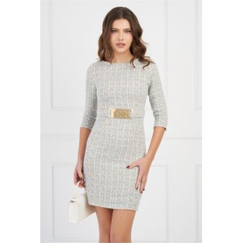 Rochie DY Fashion bleu din tweed cu catarama si strasuri in talie