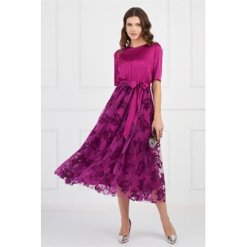 Rochie DY Fashion magenta cu fusta din tull cu insertii catifelate