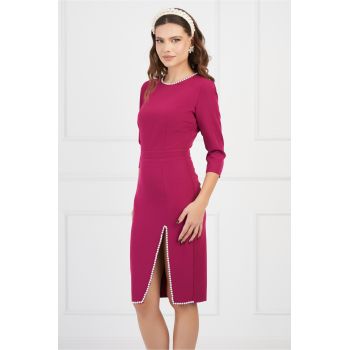 Rochie DY Fashion magenta cu perle si crepeu pe fusta