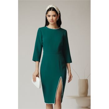 Rochie DY Fashion verde cu perle si crepeu pe fusta