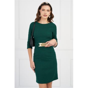 Rochie DY Fashion verde din tweed cu catarama si strasuri in talie