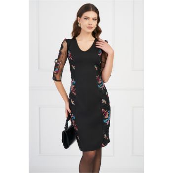 Rochie Ella Collection Sofia neagra cu broderie geometrica pastelata