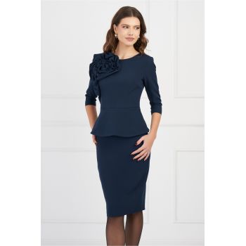 Rochie MBG bleumarin cu peplum si floare maxi pe bust