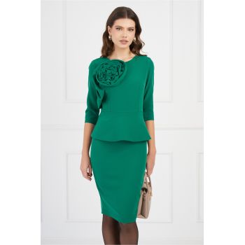 Rochie MBG verde cu peplum si floare maxi pe bust