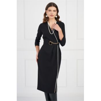 Rochie Mira neagra cu dunga alba si curea in talie