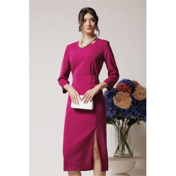 Rochie office din triplu voal magenta cu accesoriu in talie