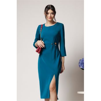 Rochie office din triplu voal verde cu accesoriu in talie