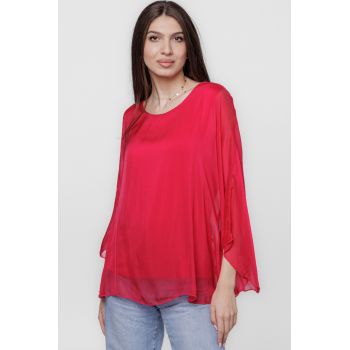 Bluza din matase naturala cu maneca clopot, fucsia inchis