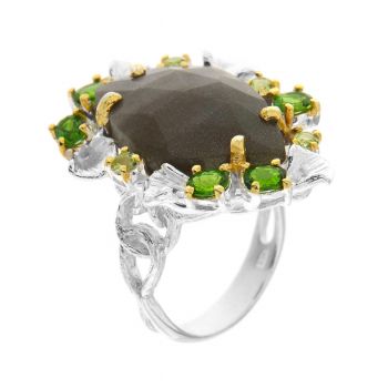 Inel din argint cu opal peruvian, diopsid si peridot