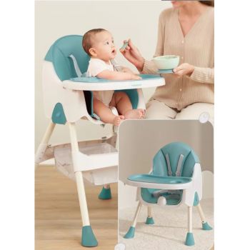 Scaun de masa bebe Little Mom Blue, multifunctional, centura de siguranta in 5 puncte, picioare antiderapante, tava detasabila, pliabil, cos depozitare