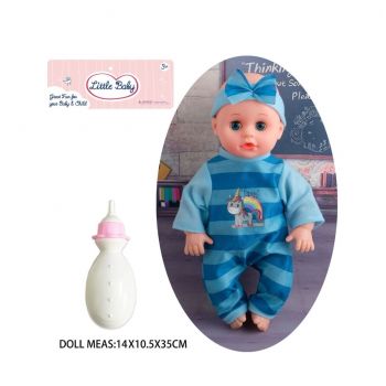 Papusa bebelus Little Baby cu biberon si costum albastru, 30 cm