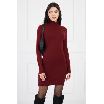 Rochie Amalia bordo scurta din tricot cu guler intors