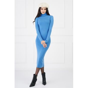 Rochie Hermina bleu din tricot cu guler intors