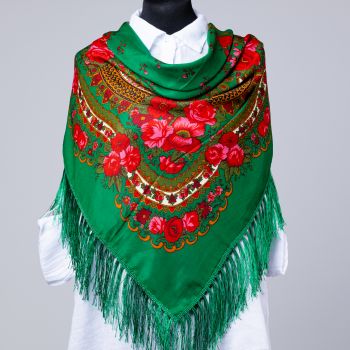 Esarfa gipsy patrata mare, tip Pavlovo Posad cu imprimeu floral traditional pe fond verde