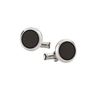 Cufflinks, round in stainless steel with carbon-patterned inlay