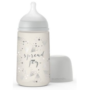 Set cadou biberon 270 ml + suzeta 0-6m si clema Spread Joy Suavinex Silver Premium